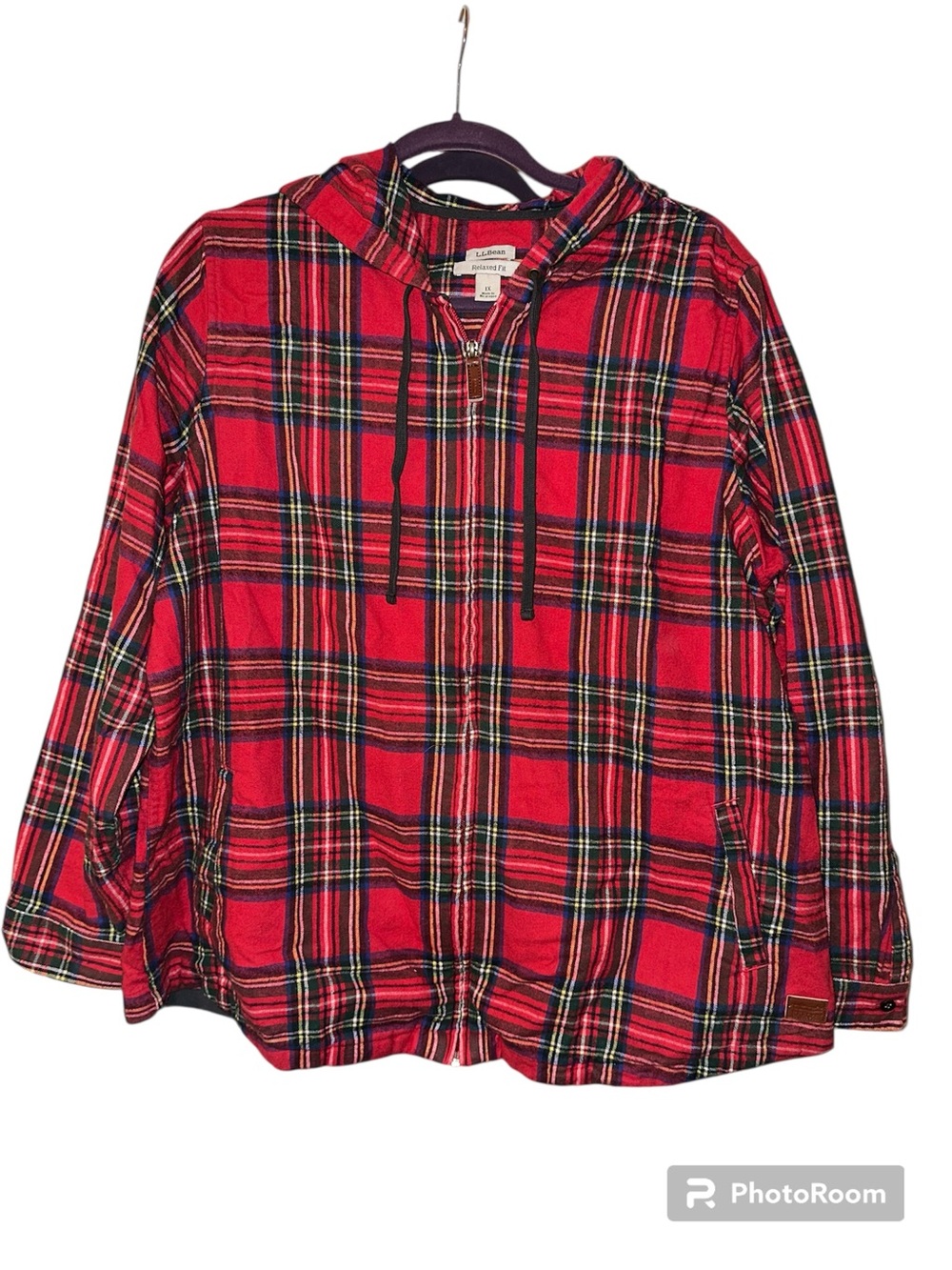 LL Bean Red Plaid Hooded Zip Flannel Jacket